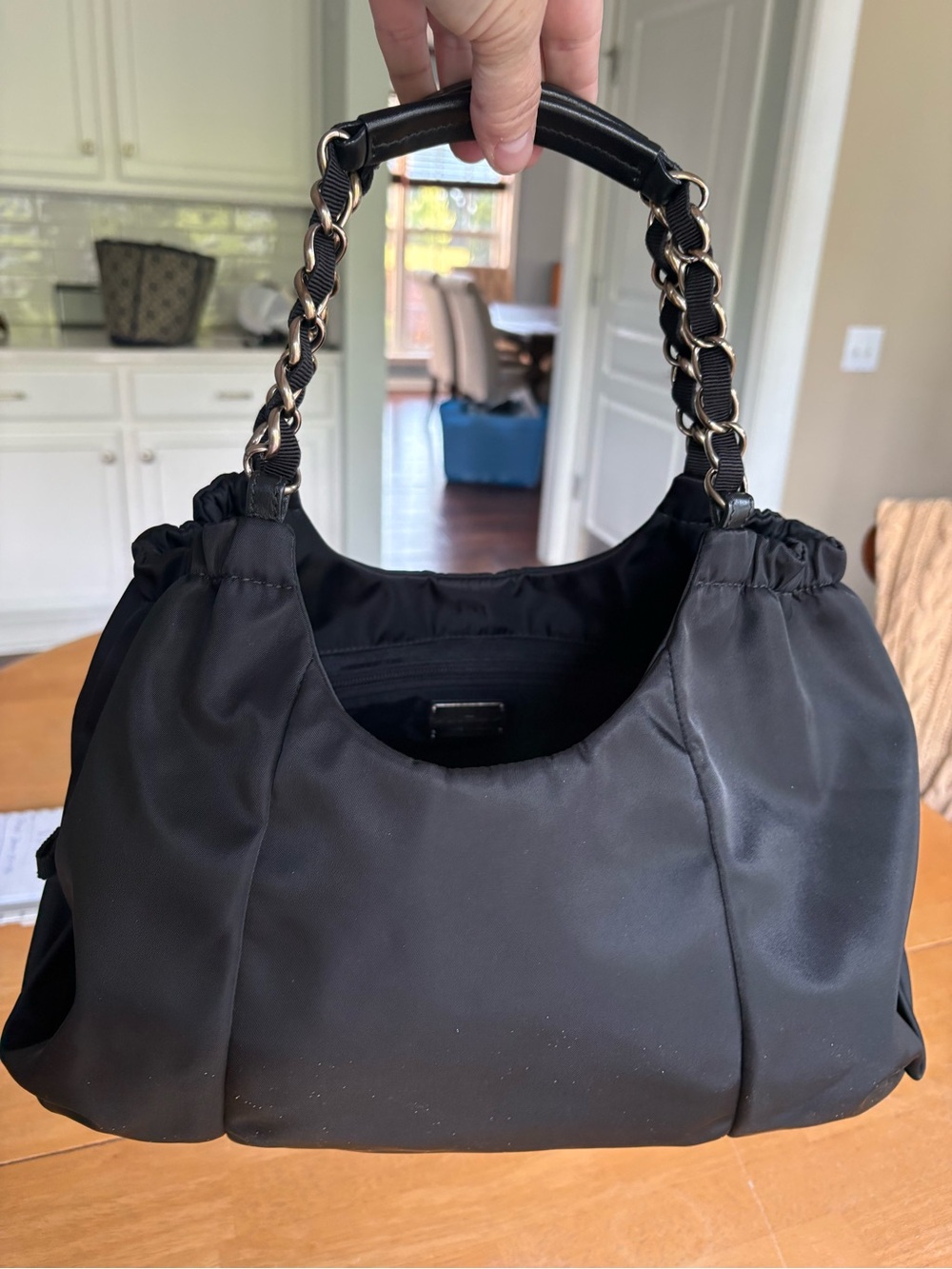 Salvatore Ferragamo Black Nylon Shoulder Bag with Chain-Detail Handles - Picture 8 of 13